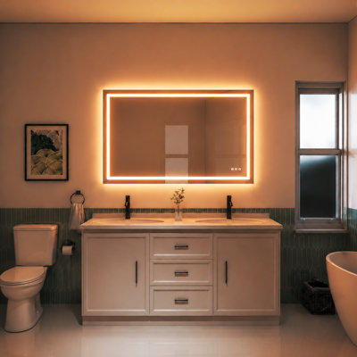 Led Bathroom Durable Tempered Mirror 72x 32, Dimmable Vanity Mirrors For Wall, Anti-fog, 3 Colors Adjustable, Memory, Double Led Lights ( Front And Backlit )