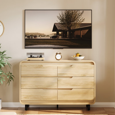 Commode autoportante à grande capacité de 47 po à 6 tiroirs en bois au fini naturel de 47 po pour le salon ou le vestibule