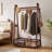 Solid Wood Garment Rack with Lockable Casters and Storage Basket - Walnut Finish