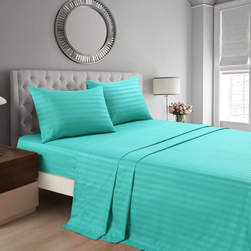 Ensemble de draps à rayures 3/4 pièces, Aqua, Ensemble de draps pour lit simple avec 1 taie d'or
