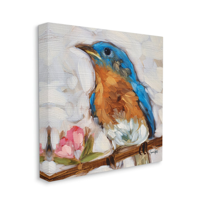 Oiseau bleu en fleurs, peinture sur toile tendue, H 17 po x l 17 po x P 1,5 po