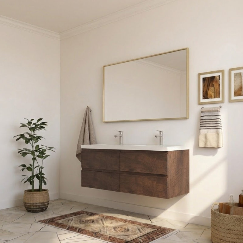  Meuble-lavabo double mural 48 po avec comptoir en résine blanc brillant pour salle de bain moderne (sans robinet), 48D