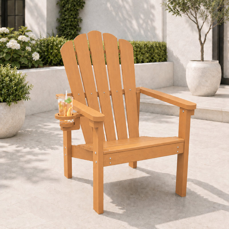 Dareona Set of 2 HDPE Stackable Adirondack Chairs with Cup Holders, All-Weather Outdoor Patio Chairs, Teak, 2