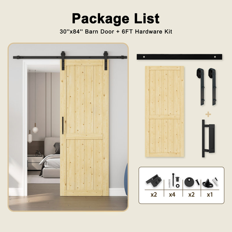 Porte de grange coulissante 84 po H 84 po, 30 po x 84 po, Pin, Avec fermeture en douceur