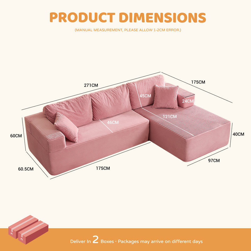 Corduroy Sofa, Pink, 272cm Right Chaise