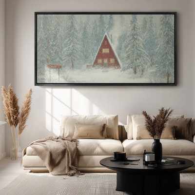 Large Framed Canvas Wall Art - Snowy Forest Cabin Winter Landscape Wall Decor - 60"x20", 60"x30"