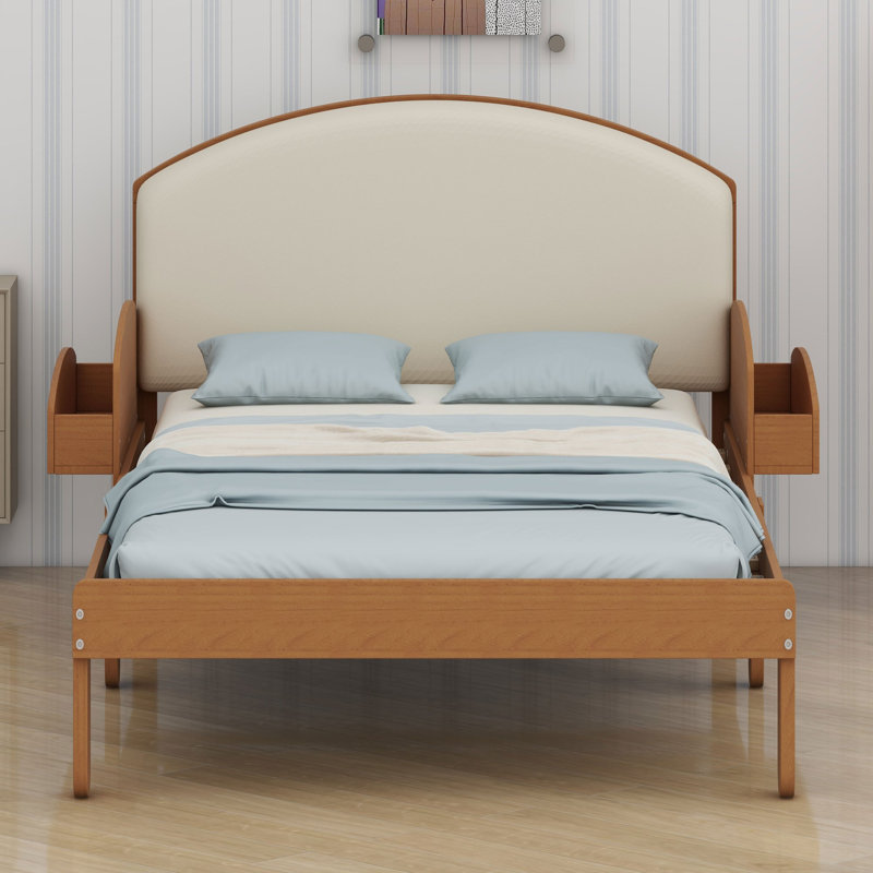 Cadre de lit plateforme avec tête de lit rembourrée incurvée et étagères de rangement latérales arquées pour chambres modernes