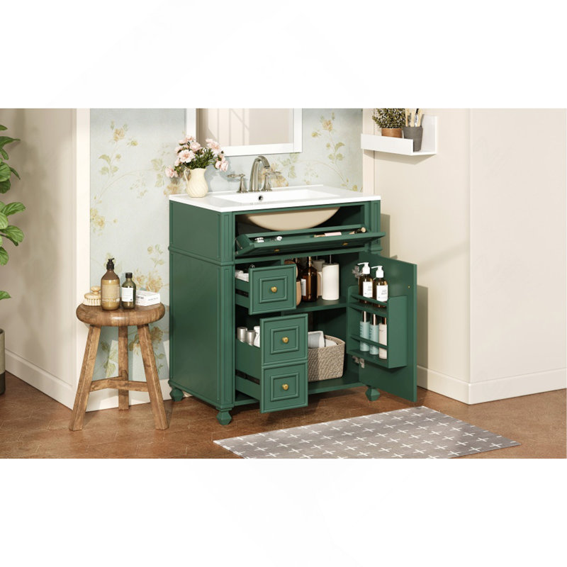 Meuble-lavabo de salle de bain avec lavabo en céramique, 30 po, armoire de rangement avec portes à fermeture douce et organisateur de porte