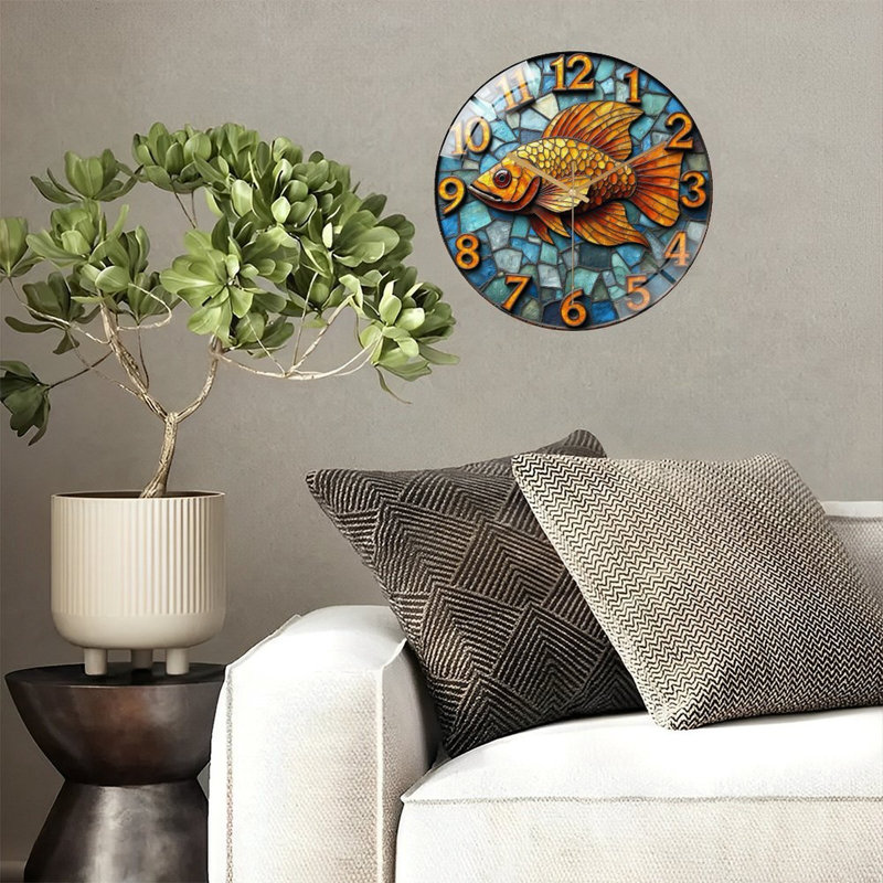 Horloge murale élégante vitrail poisson 12 po