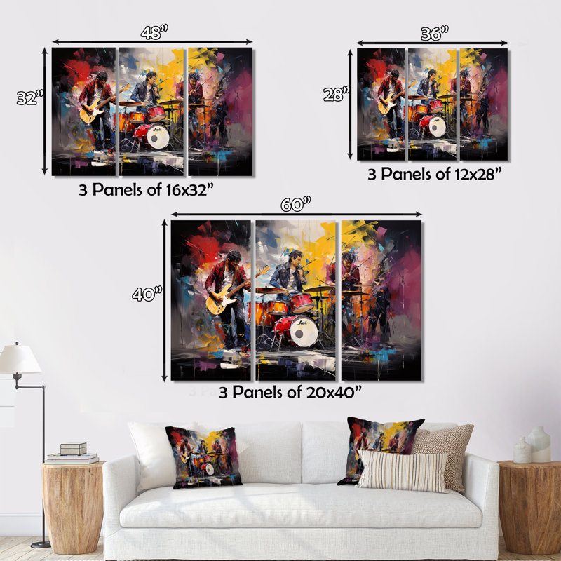 Rock Band In Action III sur toile, reproduction de 3 pièces, H 32 po x l 48 po x P 1 po