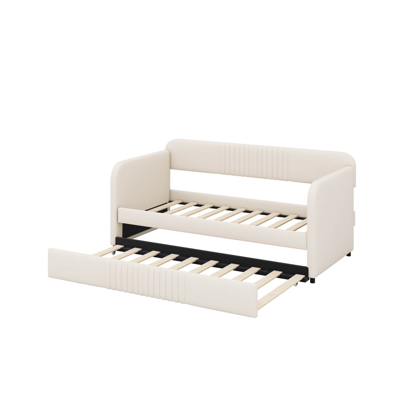 Lit de jour simple avec lit gigogne et canapé-lit rembourré en velours, Beige