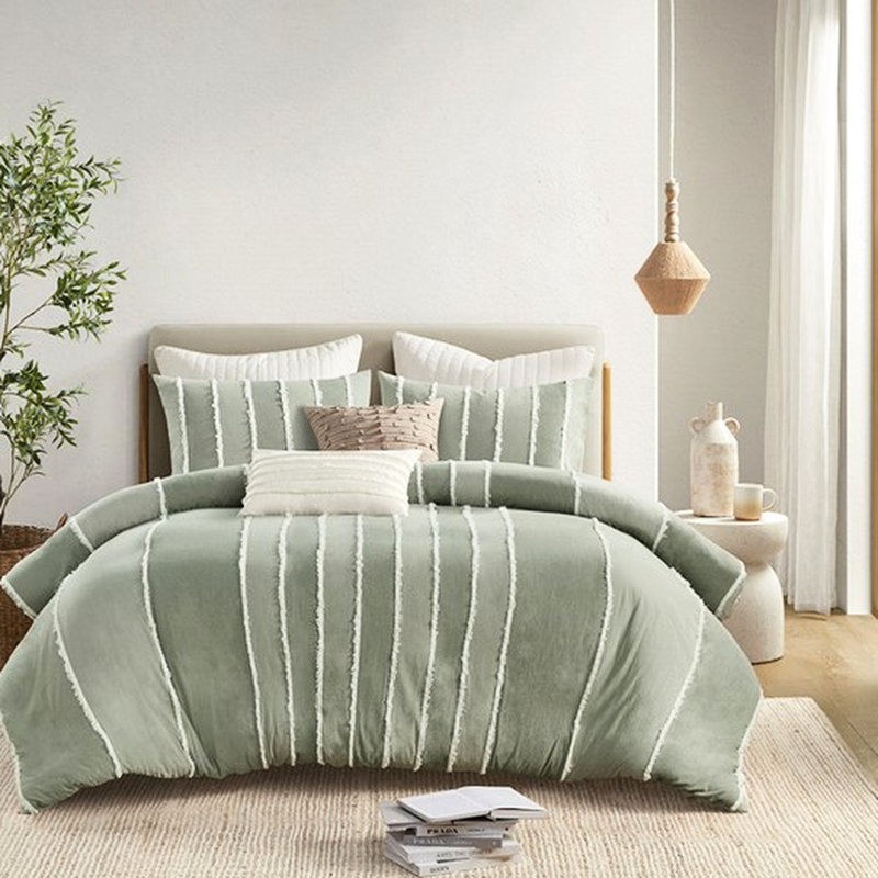 Literie 3 pièces pour lit double / grand lit - Coton rayé avec détails de housse de couette et fermeture