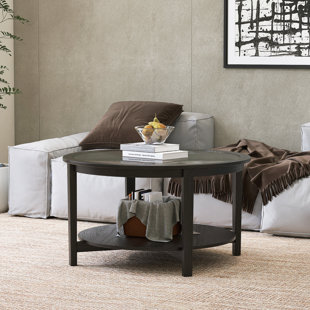 Table basse ronde à double couche en bois massif avec plateau en verre trempé