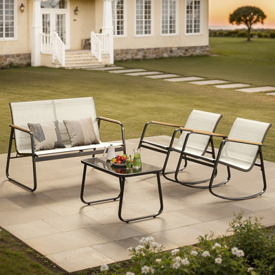  4-Pieces Outdoor Rocking Conversation Set with Loveseat, Wood Armrests and Coffee Table