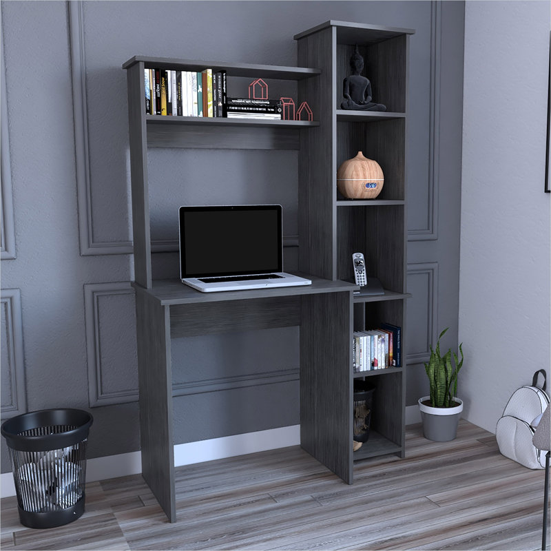 Bureau d'écriture rectangulaire gris froid avec huche et bibliothèque latérale pour bureau personnel