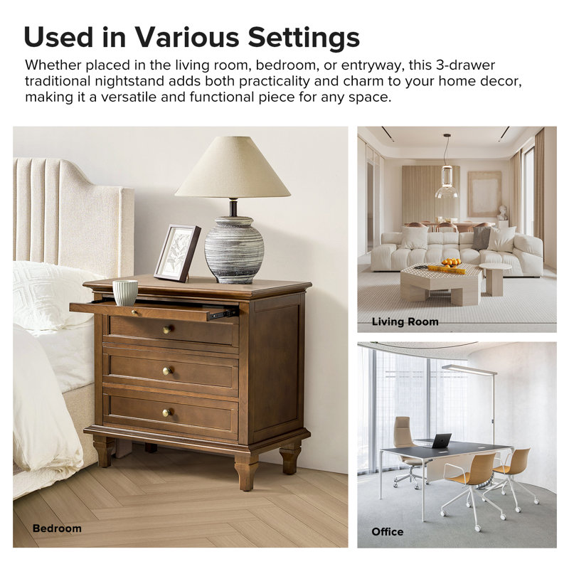 Arthelia Traditional 3-Drawer Nightstand with Charging