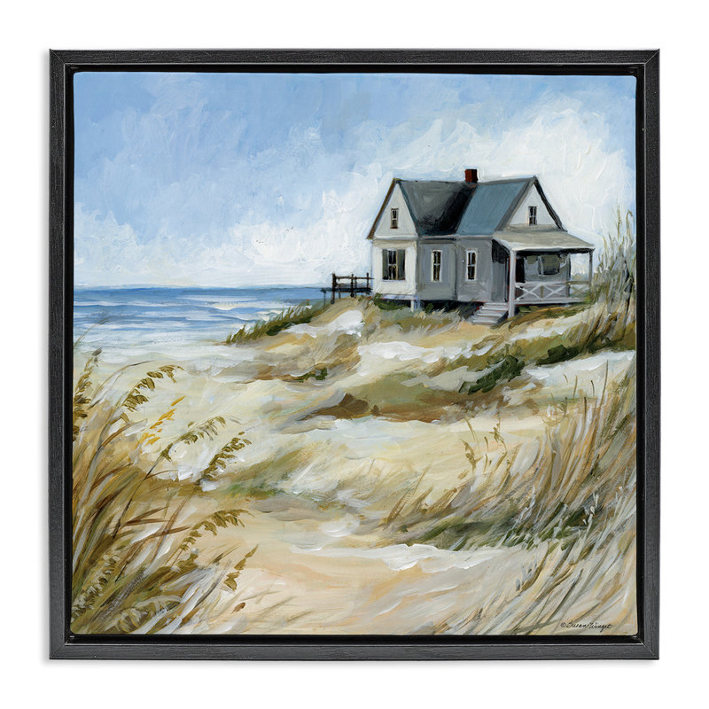 Maison sur la plage, art mural sur toile flottante, design par Susan Winget, H 18 po x l 18 po, Cadre flottant noir de jais