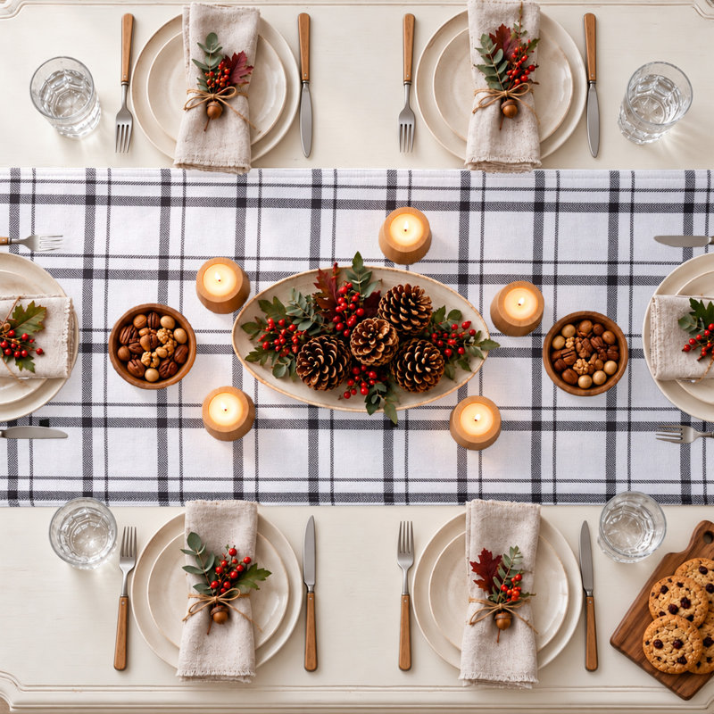 100% Cotton Holiday Plaid Table Runner, 72" L, Black/White