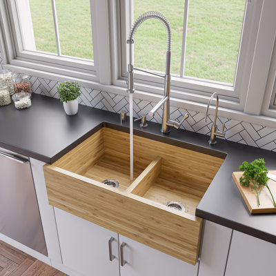 32.63'' L Double Bowl Wood Kitchen Sink