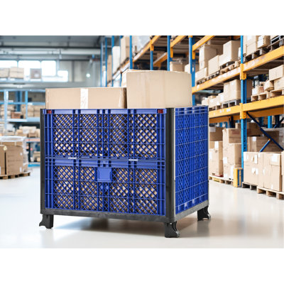 High Capacity Bulk Container With Plastic Reinforced Mesh Panel Blue Box Holds 600 Lbs Stacks 4 For 2000 Comes Stacking Feet And - Way Access Of Density Polypropylene Walls Readily Operated