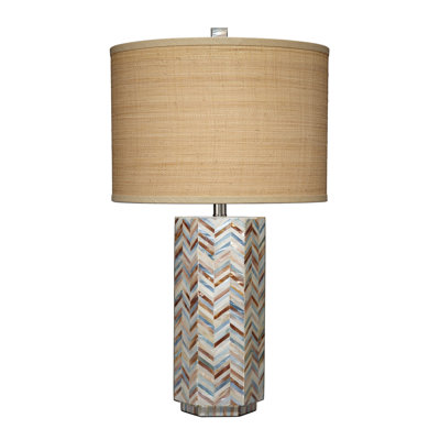 Lampe de table Lucille en nacre avec abat-jour en raphia