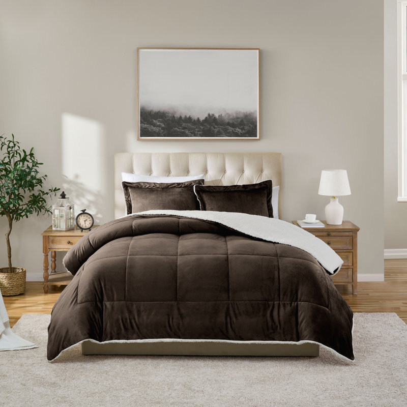 Ensemble d'édredon réversible en micro-vison et sherpa 3 pièces Swift Home, Chocolat, Édredon simple + 1 Taie décorative