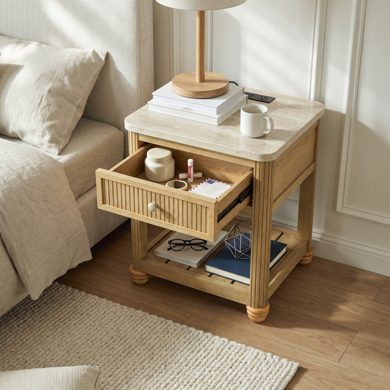 COLAMY VERSE Square Reeded End Table with Stone-Look Top and Storage