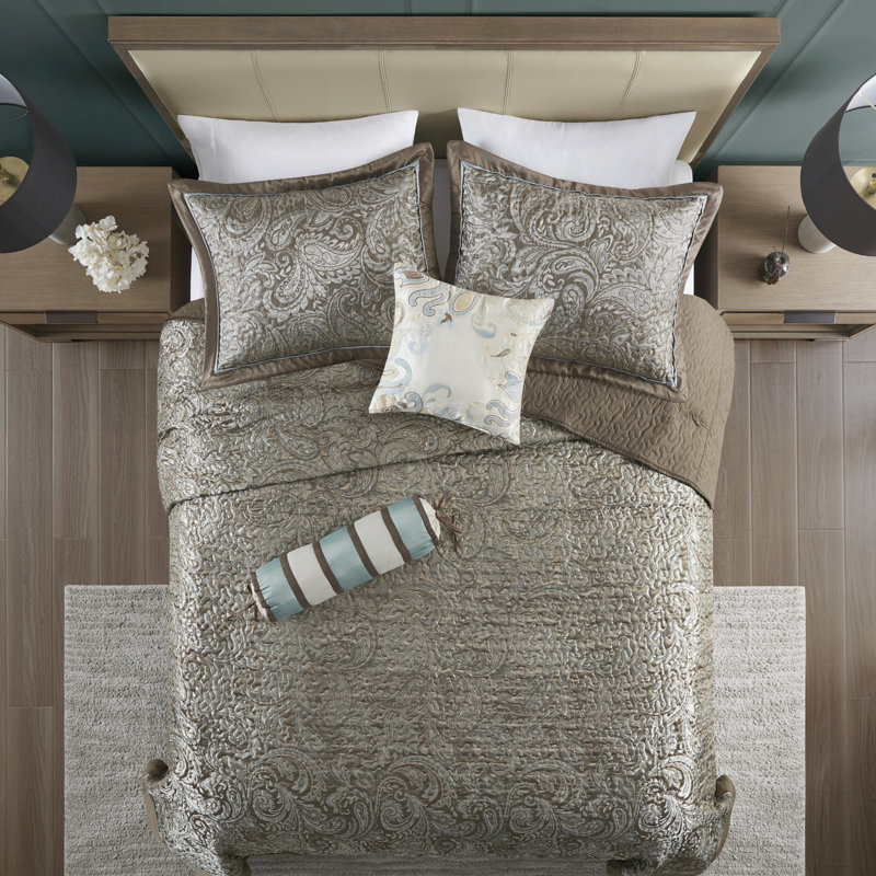 Couvre-lit pour très grand lit avec broderie sur coussins décoratifs, fausse soie bleue / brune 5 pièces, Bleu/brun