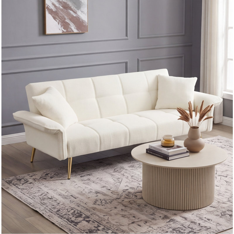 Canapé-lit futon convertible 70,1 po avec accoudoirs rabattables, velours en peluche beige