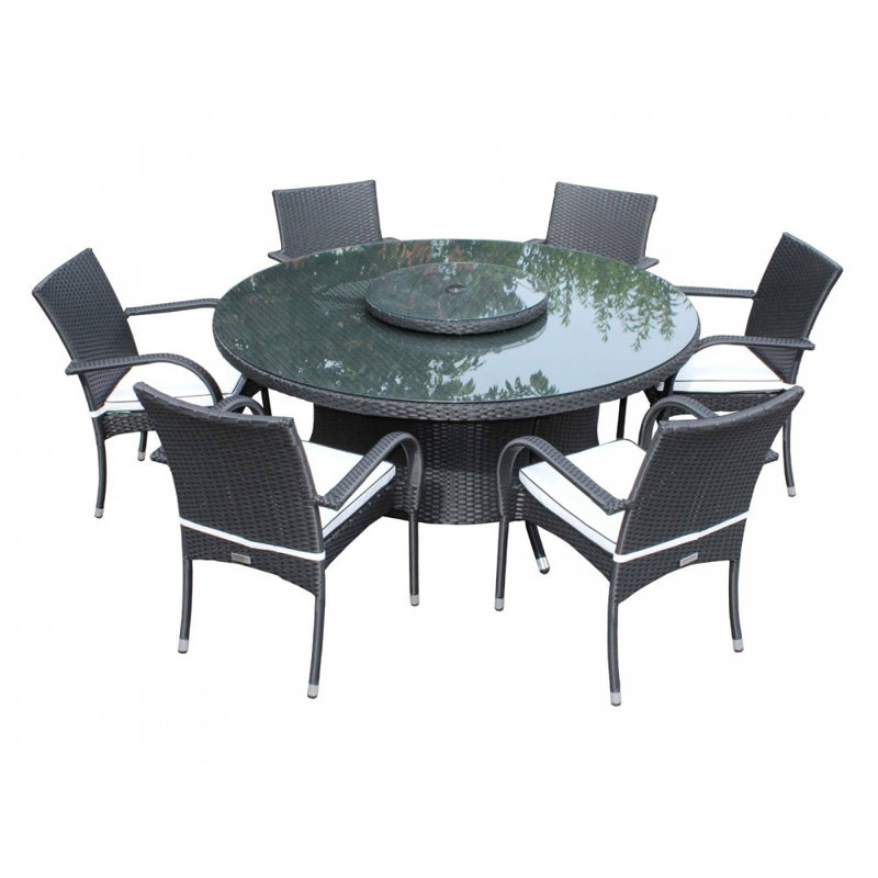 Kiska 6 - Person Patio Dining Set with Round Table , Cushions Included, Black/Vanilla