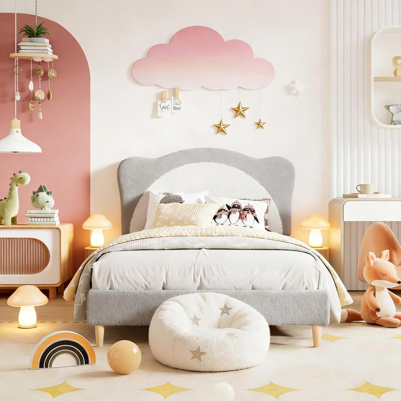 Full Size Bed Frame for Kids - Cute Velvet Princess Platform Bed with Upholstered Headboard for Girls/Boys, Solid Wood Slats Support, No Box Spring Needed, Grey + White