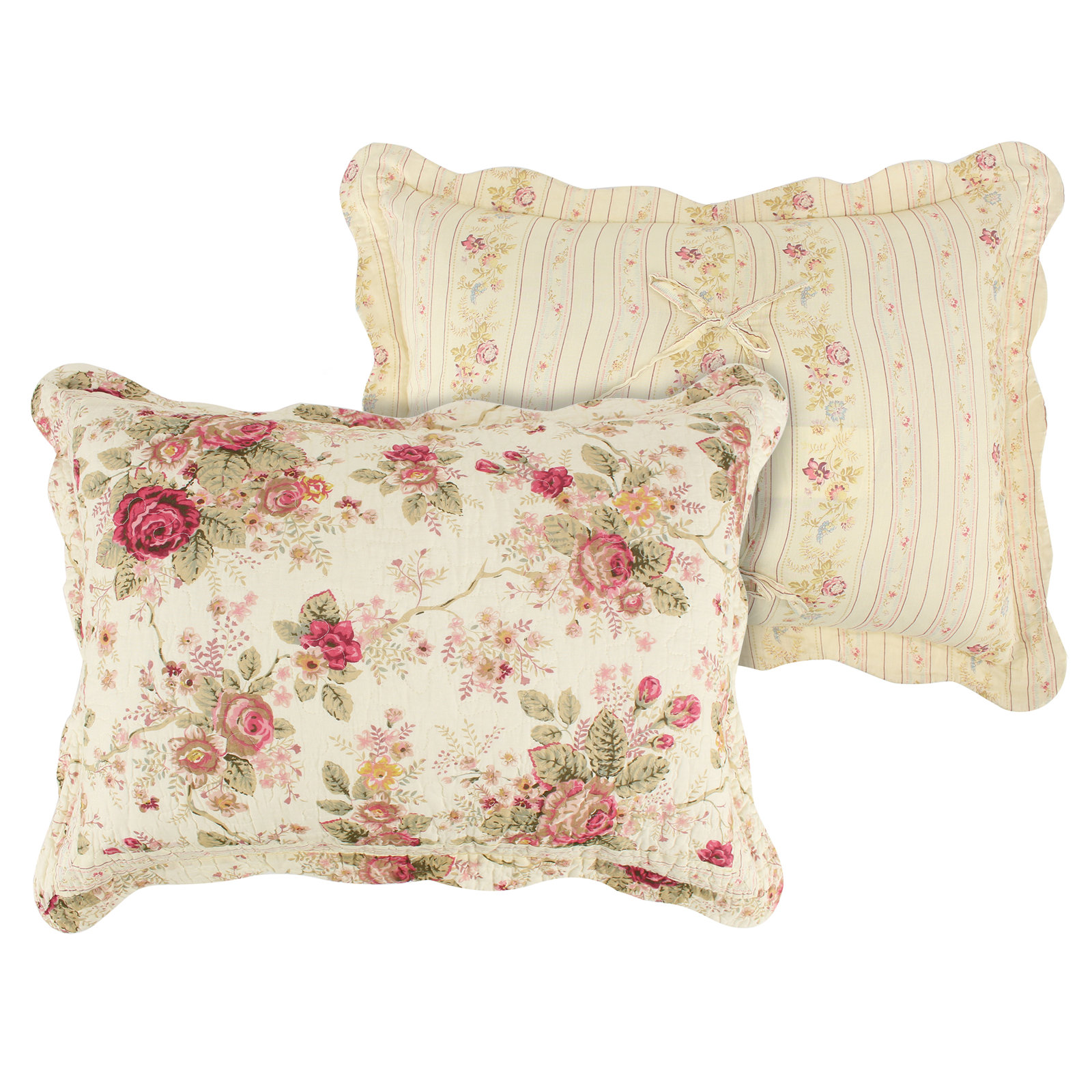 Antique Rose Cotton Quilt Set, Full/Queen Quilt + 2 Shams, Ecru
