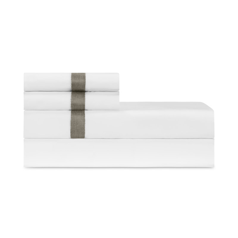 Yves Percale Sheet Set, Twin Sheet Set, White/Taupe