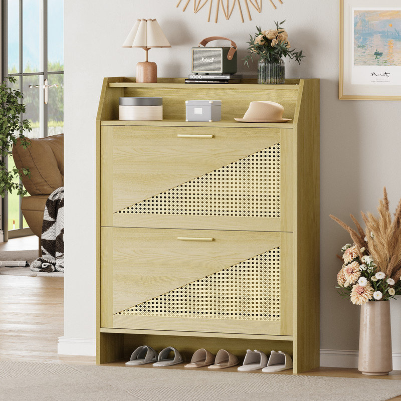  Rattan Shoe Storage Cabinet With 2 Flip Drawers, Wooden Shoe Cabinet With Adjustable Shelf, Narrow Shoe Rack Organizer Cabinet For Entryway, Hallway, Living Room (Wood)