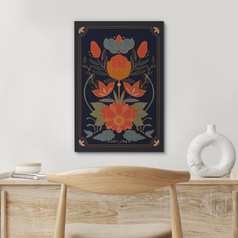 Abstrait botanique rétro Bouquet classique floral botanique foncé Moody, Toile tendue, H 36 po x l 24 po