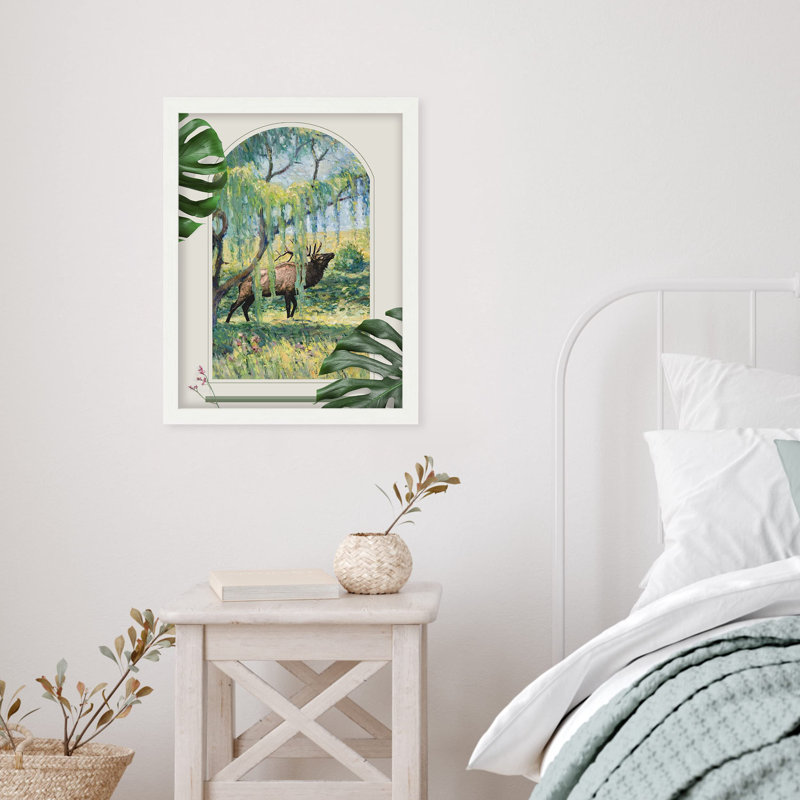 «Hanging Leaf Tree Moose Deer Field» sur papier, Blanc