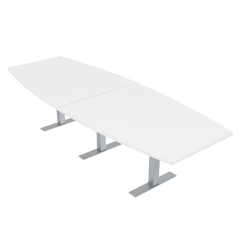 Table de conférence en forme de bateau avec base en T en métal, L 120 po x l 48 po, Blanc classique, Argent argent