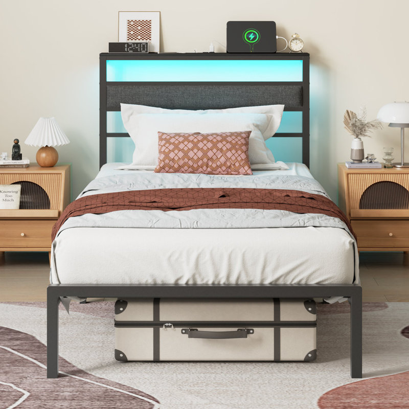 Twin Metal Bed Frame with LED Lights & Charging Station, Upholstered Headboard, Ample Storage, No Box Spring Required, Twin