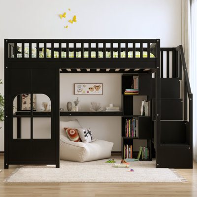 Lit mezzanine simple / double en bois massif avec escalier de rangement, bureau intégré, lumières DEL et port USB