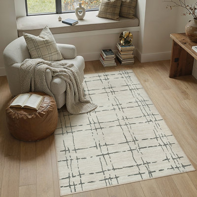Kaleb Checkered Washable Beige Area Rugs With Non-Slip Backing