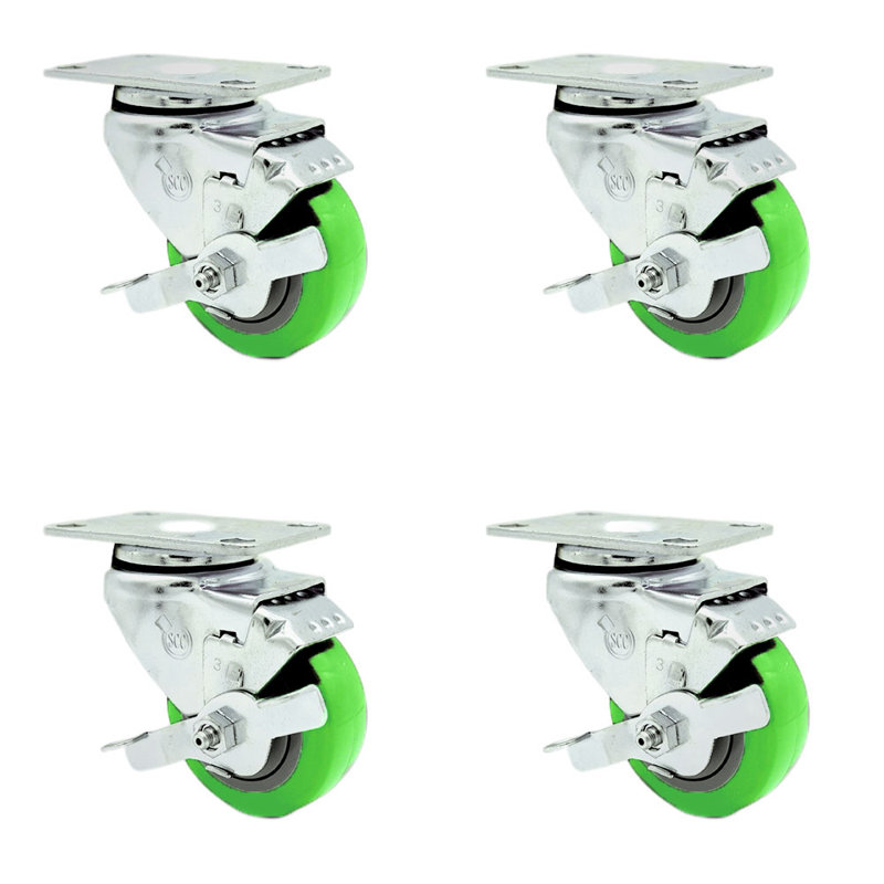 Ensemble de roulettes à plateau pivotant en polyuréthane 3 pouces avec frein SCC, Vert