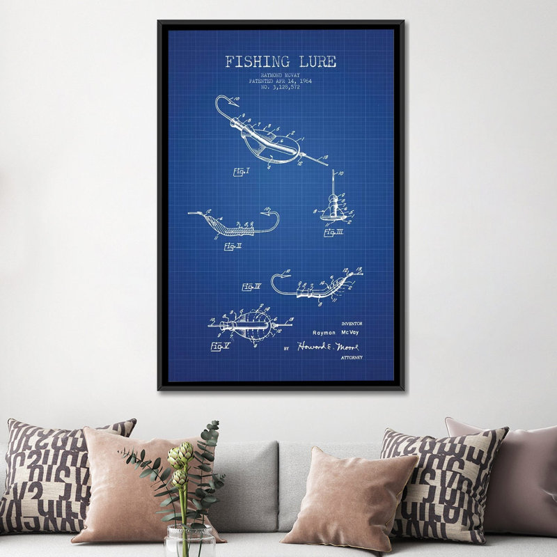 " Raymond McVay Fishing Lure Patent Sketch (Blue Grid) II " by Aged Pixel, 26" H x 18" W x 1.5" D, Black Framed Canvas