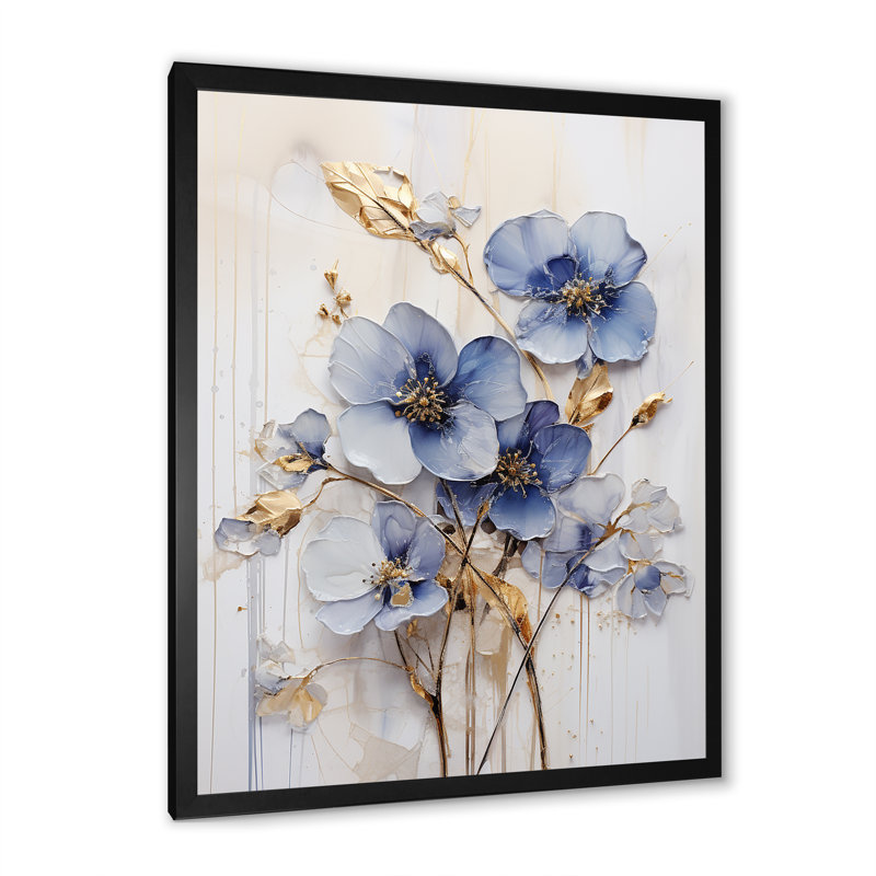 Bleu et or Exquisit Violets IV, Cadre simple noir, H 44 po x l 34 po x P 1,5 po
