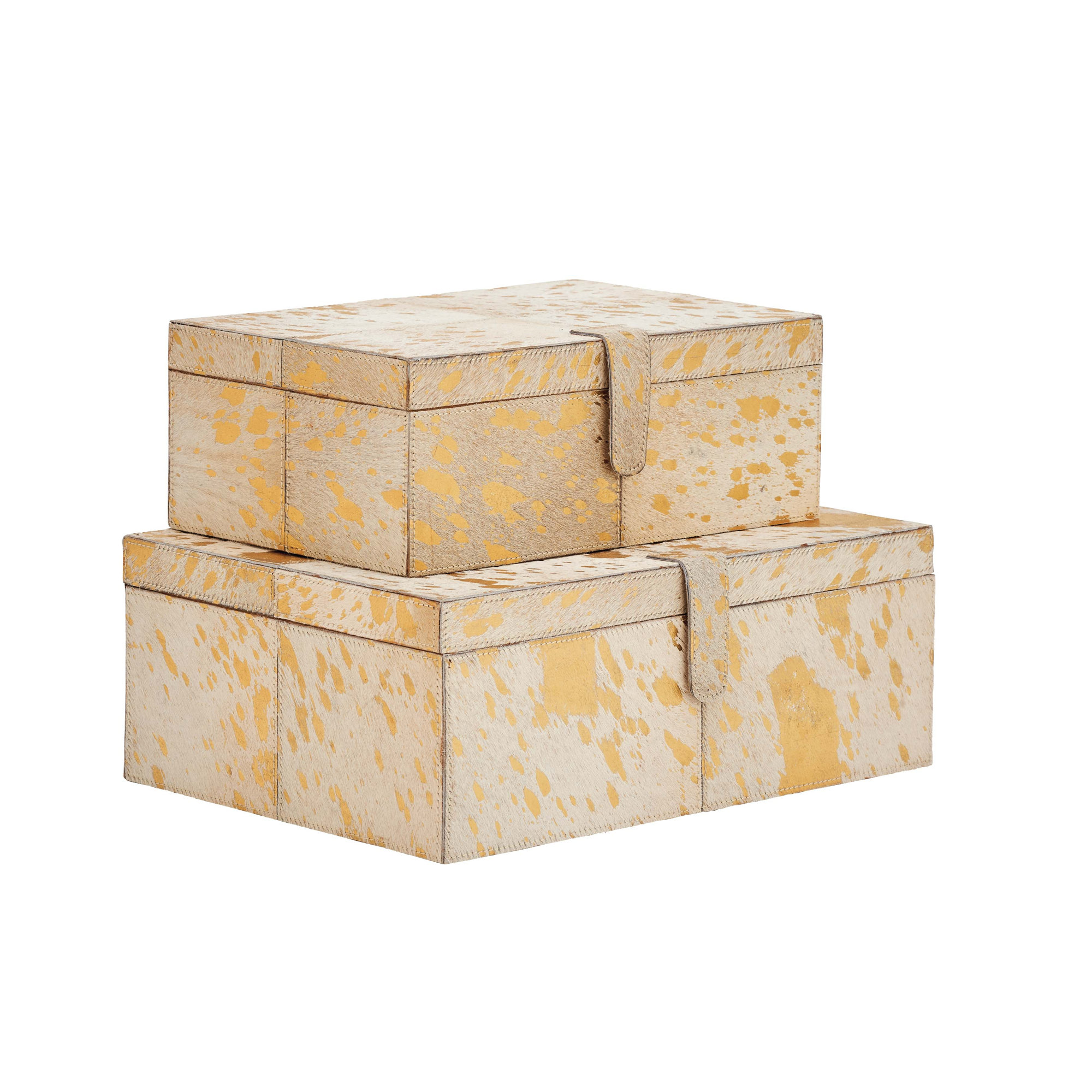Georgine Natural Leather Hide and Wooden Decorative Box Set (Set of 2), Gold