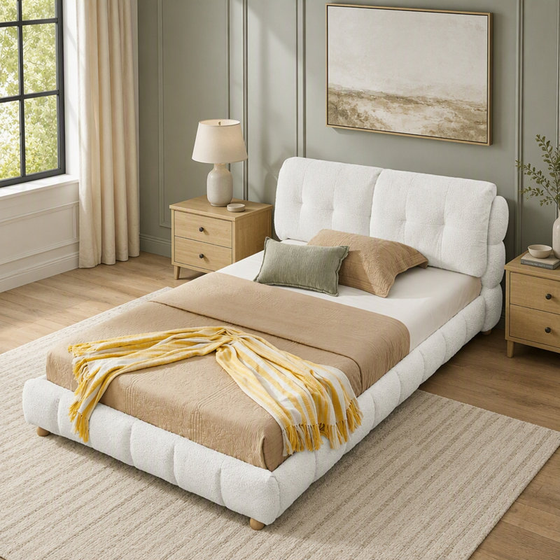 Lit plateforme tapissier Boucle, Grand lit
