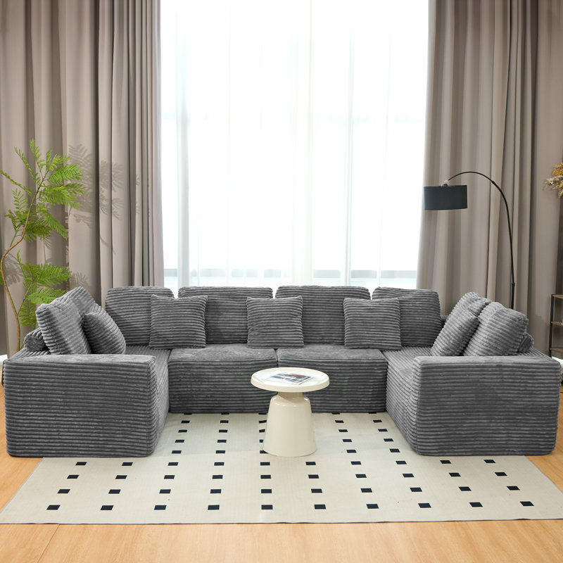 Canapé modulaire en U avec coussins en velours côtelé, Velours côtelé gris foncé