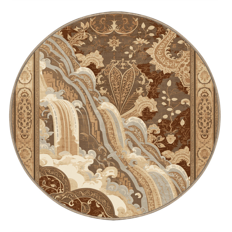 Tapis oriental classique lavable à la machine en brun - beige, Rond 8 pi