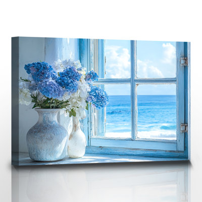 Window Beach Scenery Painting Pictures White Hydrangea Bouquet Canvas Prints Wall Art