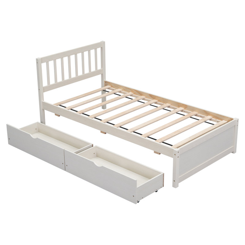 Lit plateforme simple en bois de conception moderne avec 2 tiroirs de couleur blanc délavé
