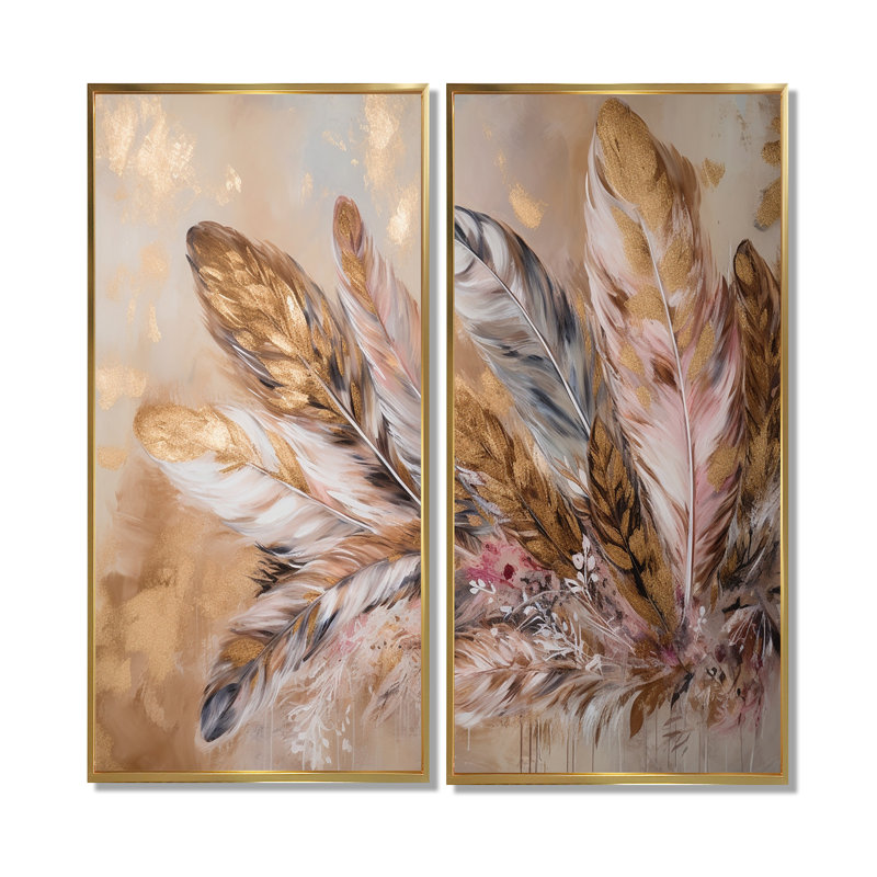 Plume dorée Boho Majesty - art mural 2 panneaux Glam Feather, H 40 po x l 40 po, Impression encadrée flottante, Doré